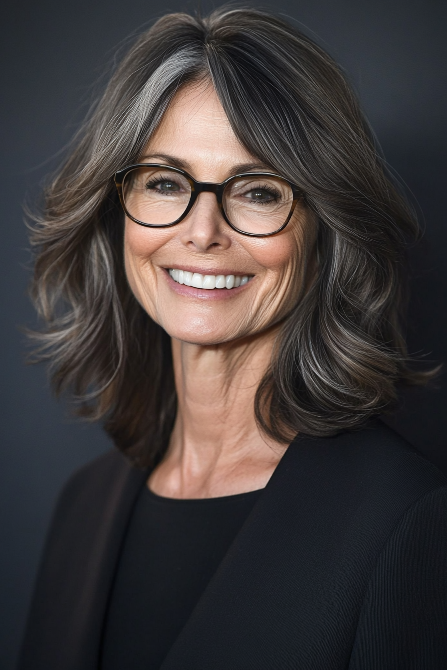 26. Layered Mid-Length Cut with Soft Ebony (Haircuts For Women Over 60 With Glasses) - Haircuts For Women Over 60 With Glasses