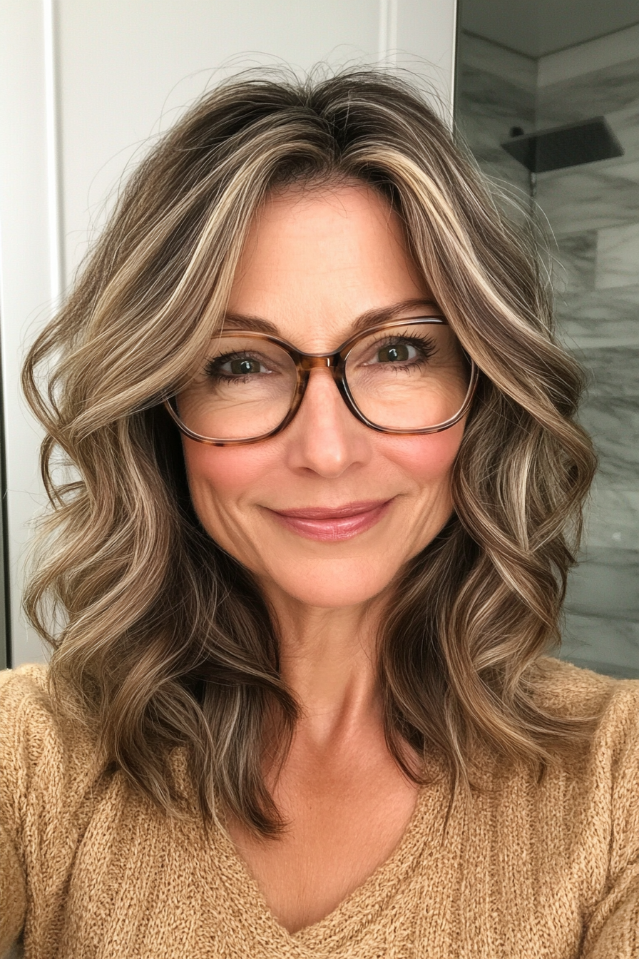 27. Classic Wavy Shoulder Cut with Golden Brunette (Haircuts For Women Over 60 With Glasses) - Haircuts For Women Over 60 With Glasses