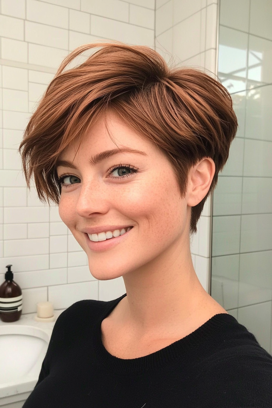 2. Choppy Pixie in Warm Chestnut (Short Hairstyles For Thick Hair) - Short Hairstyles For Thick Hair