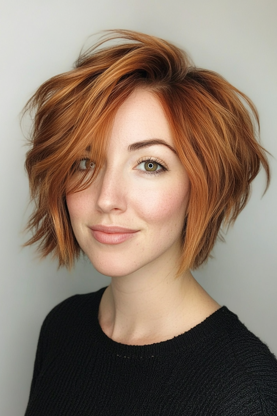 7. Layered Shag in Warm Auburn (Short Hairstyles For Thick Hair) - Short Hairstyles For Thick Hair