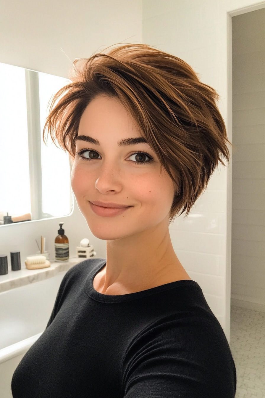 10. Feathered Pixie in Honey Brown (Short Hairstyles For Thick Hair) - Short Hairstyles For Thick Hair