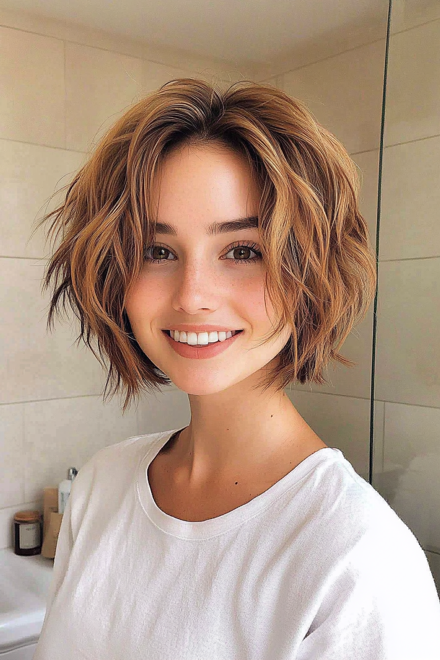21. Messy Cropped Bob in Warm Honey Brown (Short Hairstyles For Thick Hair) - Short Hairstyles For Thick Hair
