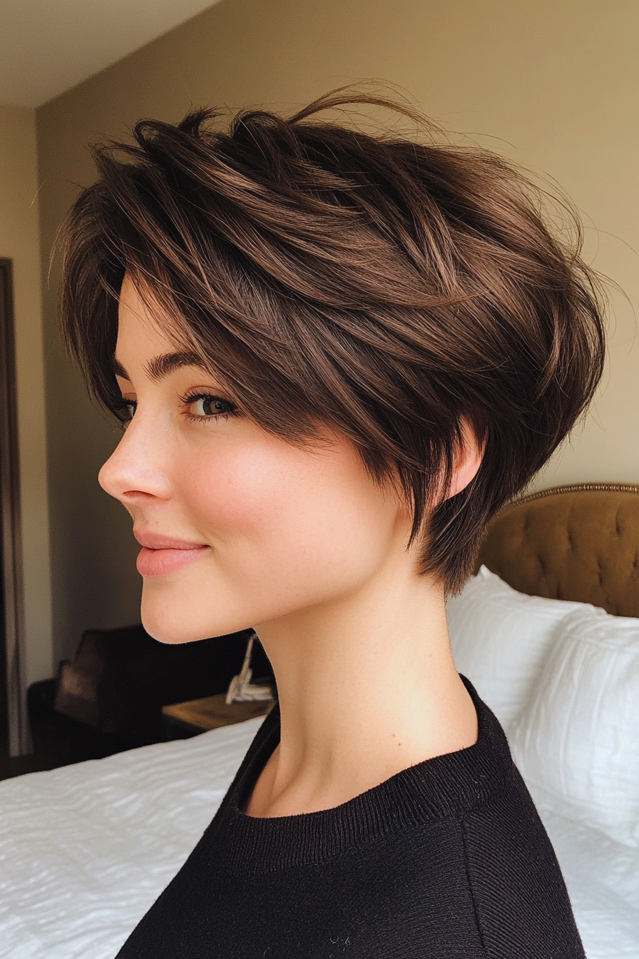23. Layered Boy Cut in Chocolate Brown (Short Hairstyles For Thick Hair) - Short Hairstyles For Thick Hair