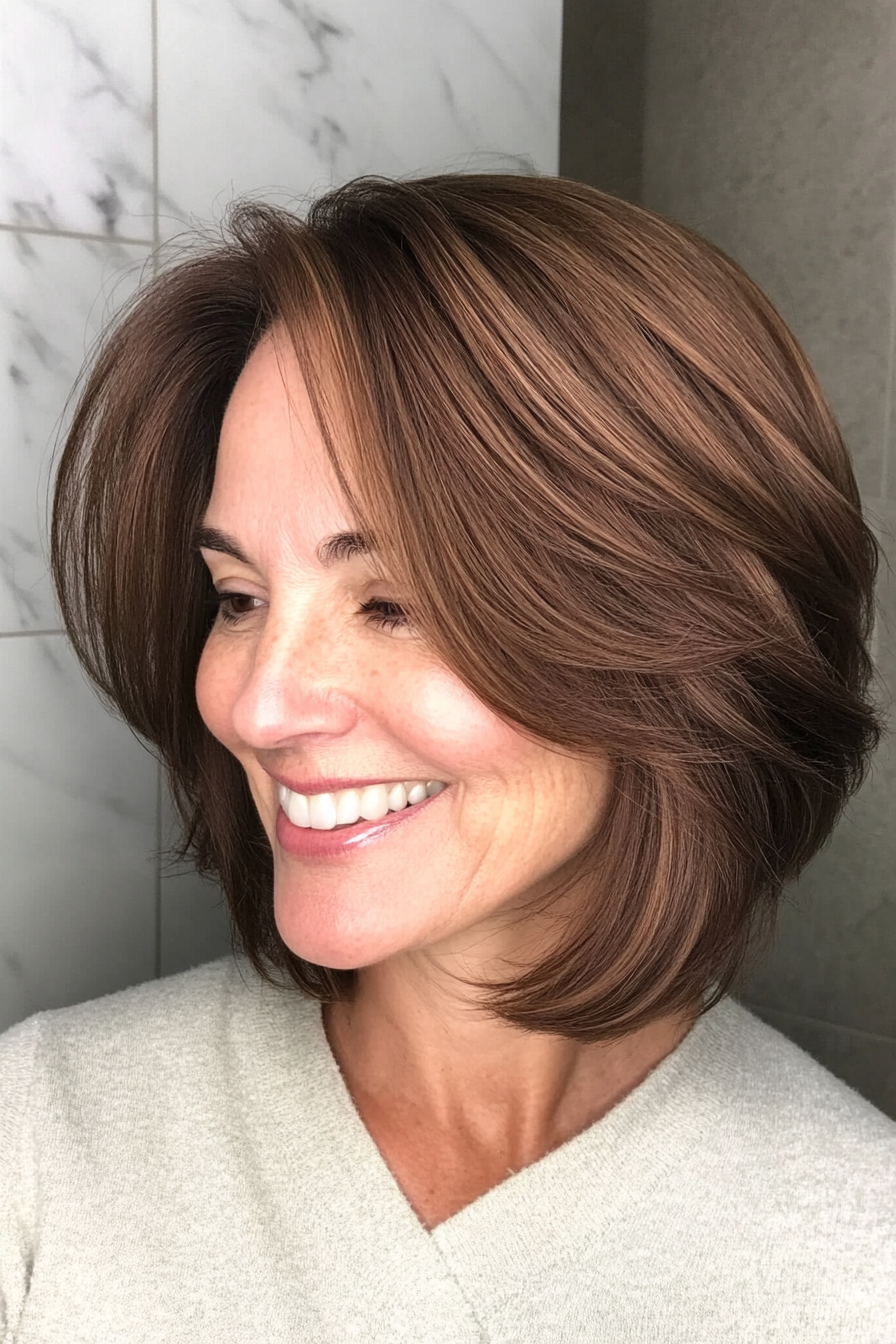1. Soft Layered Bob in Chestnut Brown (Hairstyles For Women Over 50 With Thick Hair) - Hairstyles For Women Over 50 With Thick Hair