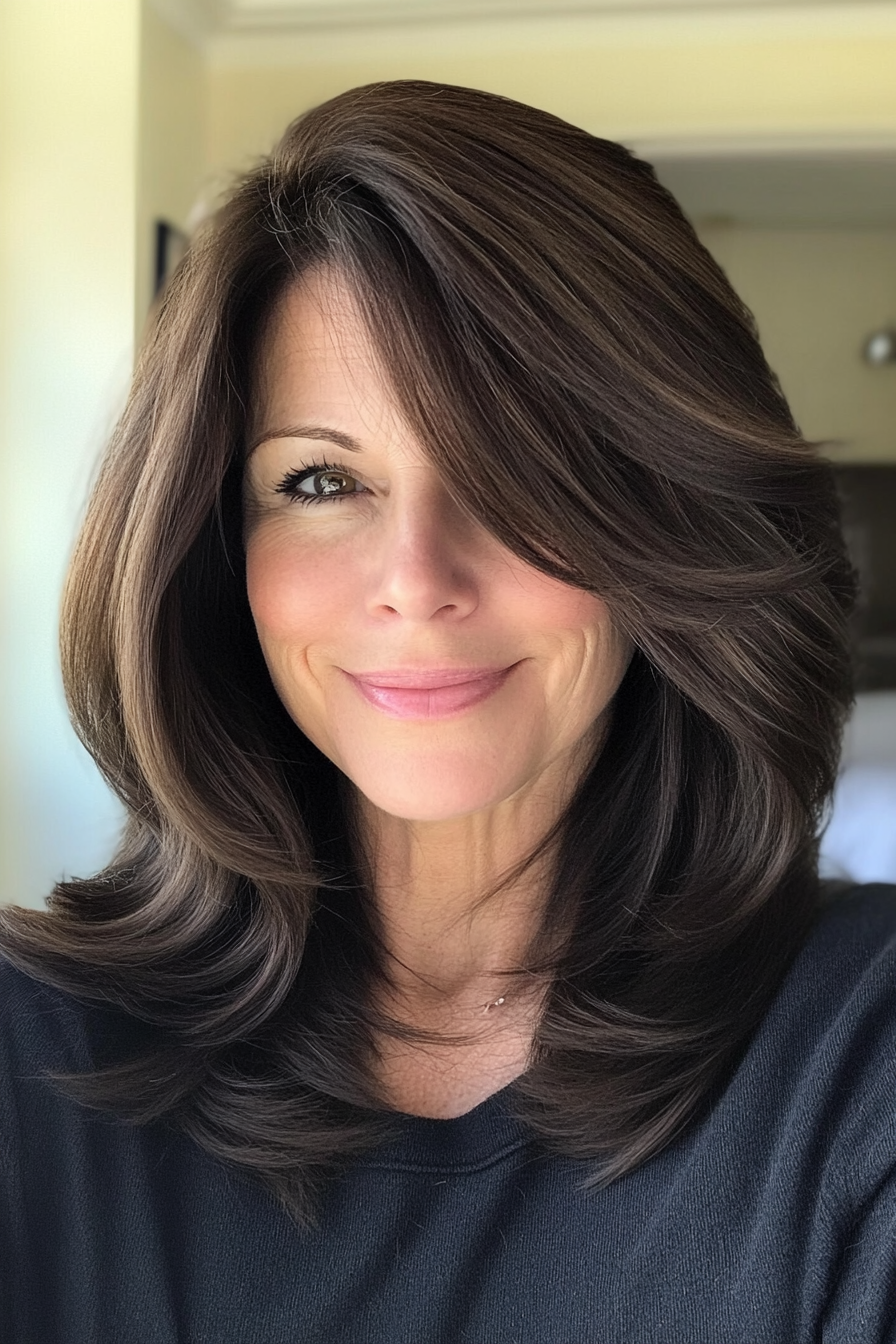 2. Feathered Shoulder-Length Cut in Dark Brown (Hairstyles For Women Over 50 With Thick Hair) - Hairstyles For Women Over 50 With Thick Hair