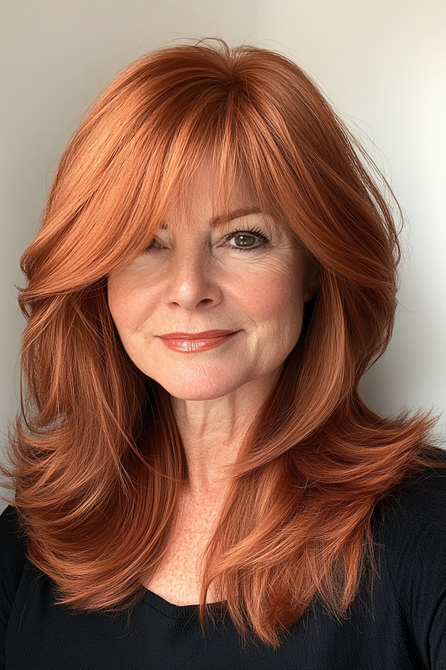5. Wispy Bangs with Medium Layers in Warm Auburn (Hairstyles For Women Over 50 With Thick Hair) - Hairstyles For Women Over 50 With Thick Hair