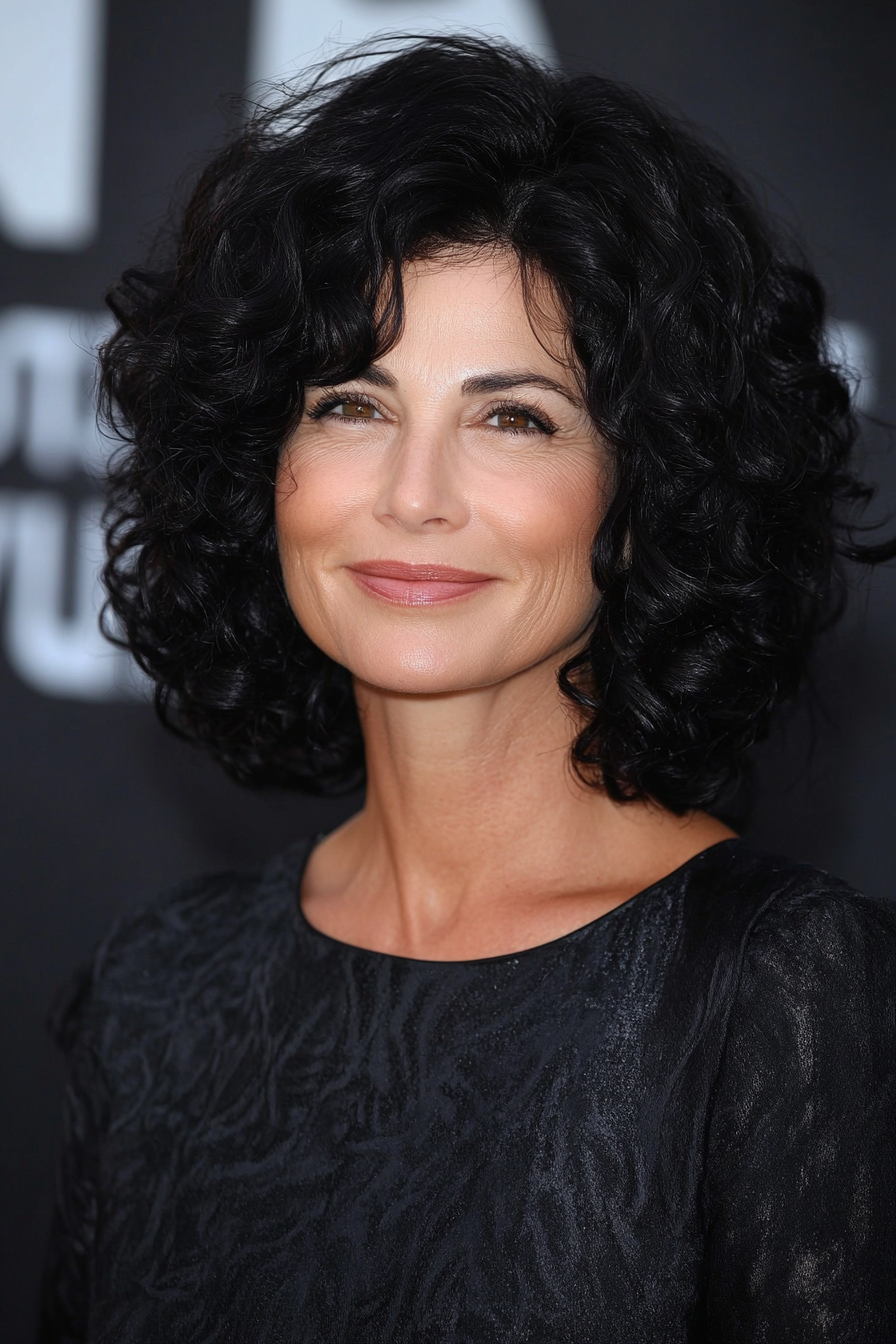 6. Voluminous Curly Bob in Deep Black (Hairstyles For Women Over 50 With Thick Hair) - Hairstyles For Women Over 50 With Thick Hair