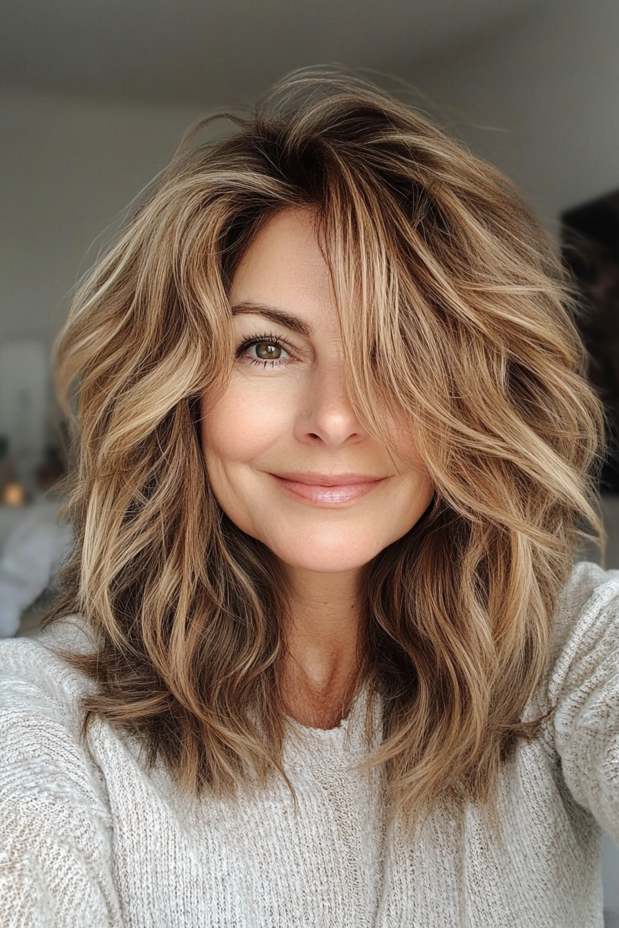 9. Shaggy Mid-Length Cut in Golden Brown (Hairstyles For Women Over 50 With Thick Hair) - Hairstyles For Women Over 50 With Thick Hair