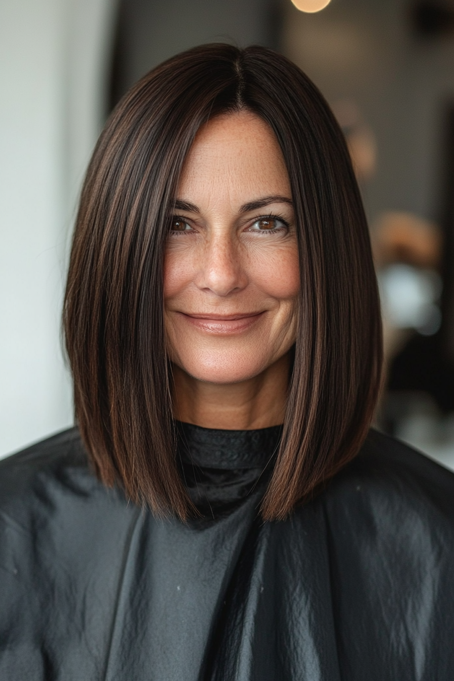 10. Sleek Long Bob in Espresso Brown (Hairstyles For Women Over 50 With Thick Hair) - Hairstyles For Women Over 50 With Thick Hair
