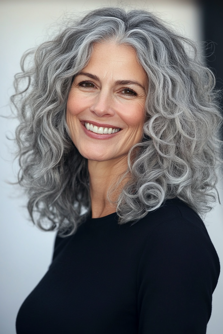 11. Curly Shoulder-Length Cut in Natural Gray (Hairstyles For Women Over 50 With Thick Hair) - Hairstyles For Women Over 50 With Thick Hair