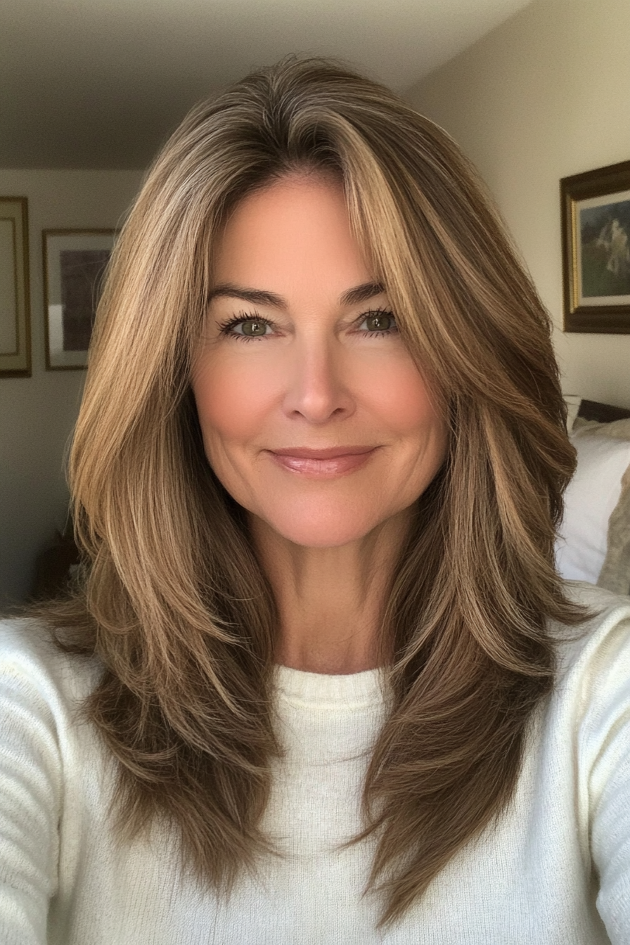 14. Layered Collarbone Cut in Caramel Brown (Hairstyles For Women Over 50 With Thick Hair) - Hairstyles For Women Over 50 With Thick Hair