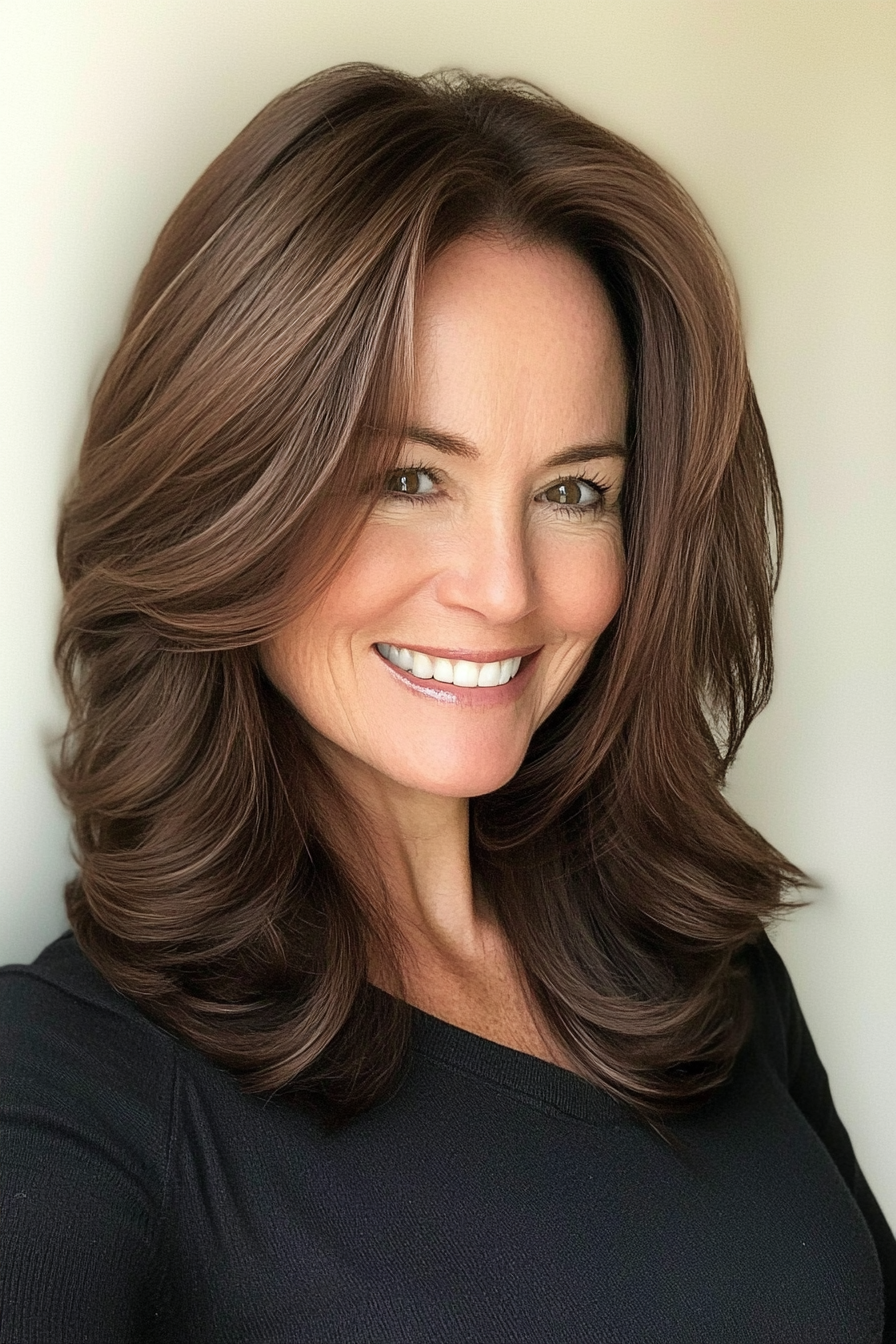 16. Face-Framing Layers in Chocolate Brown (Hairstyles For Women Over 50 With Thick Hair) - Hairstyles For Women Over 50 With Thick Hair