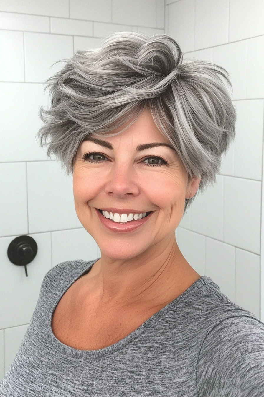 17. Tousled Pixie in Smoky Silver (Hairstyles For Women Over 50 With Thick Hair) - Hairstyles For Women Over 50 With Thick Hair