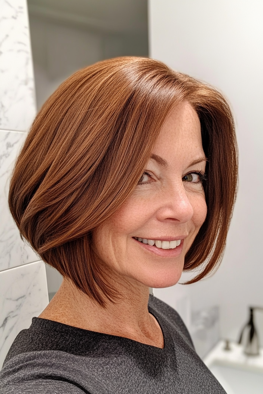 18. Classic Bob with Side Part in Warm Chestnut (Hairstyles For Women Over 50 With Thick Hair) - Hairstyles For Women Over 50 With Thick Hair