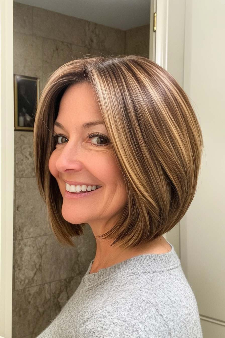 22. Soft Tapered Bob in Warm Honey Brown (Hairstyles For Women Over 50 With Thick Hair) - Hairstyles For Women Over 50 With Thick Hair