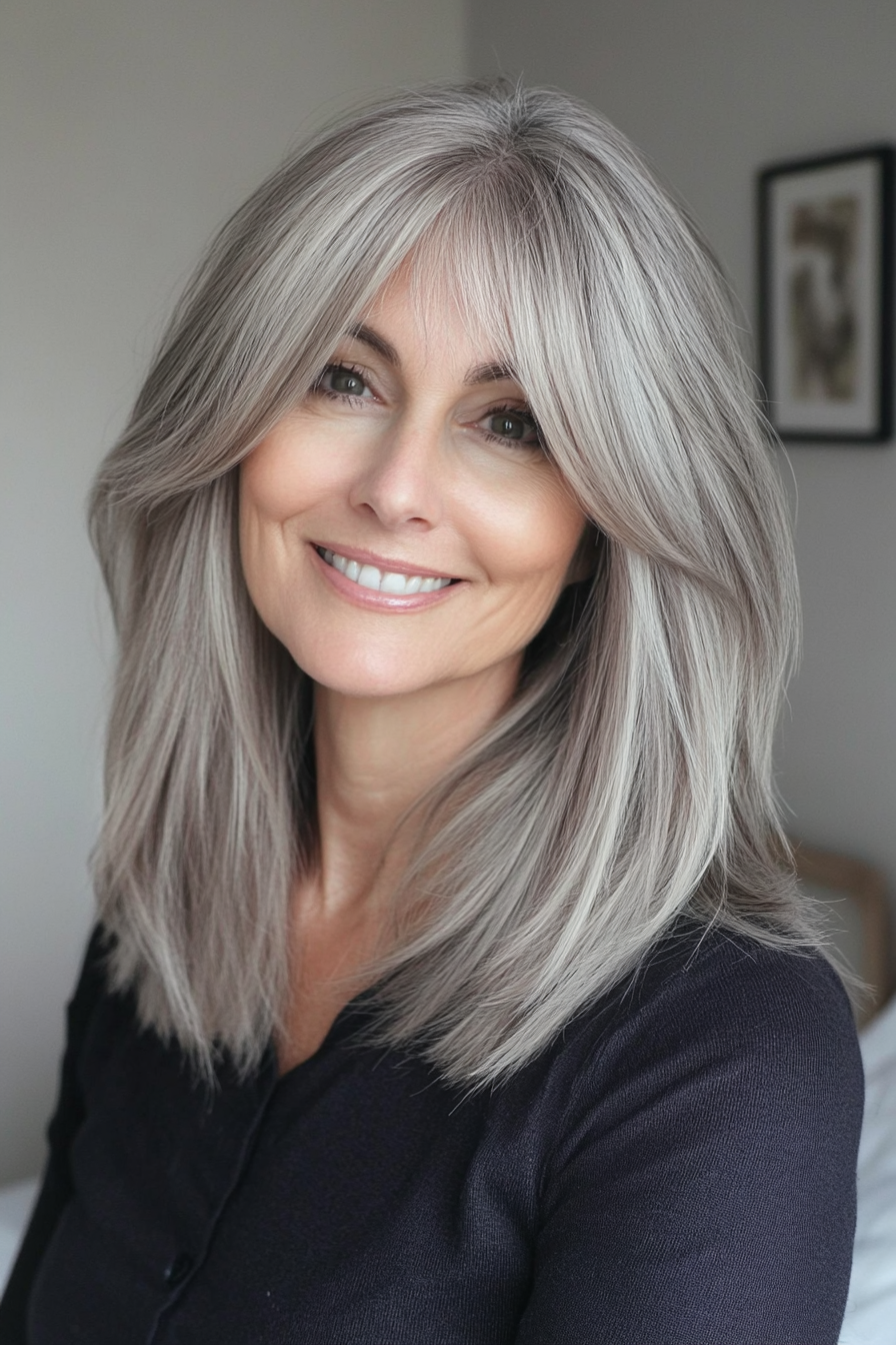23. Side-Swept Bangs with Medium Layers in Ash Gray (Hairstyles For Women Over 50 With Thick Hair) - Hairstyles For Women Over 50 With Thick Hair
