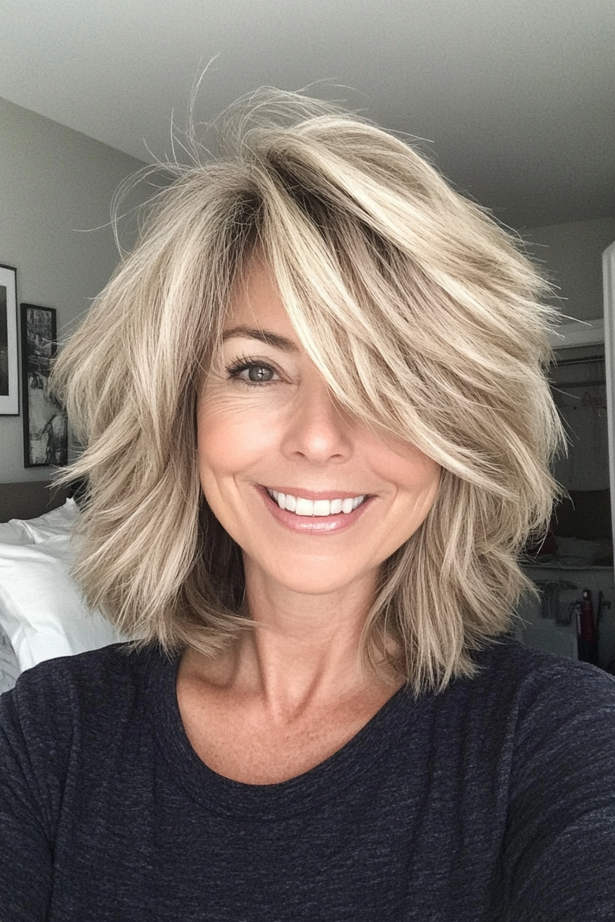 24. Messy Choppy Lob in Sandy Blonde (Hairstyles For Women Over 50 With Thick Hair) - Hairstyles For Women Over 50 With Thick Hair