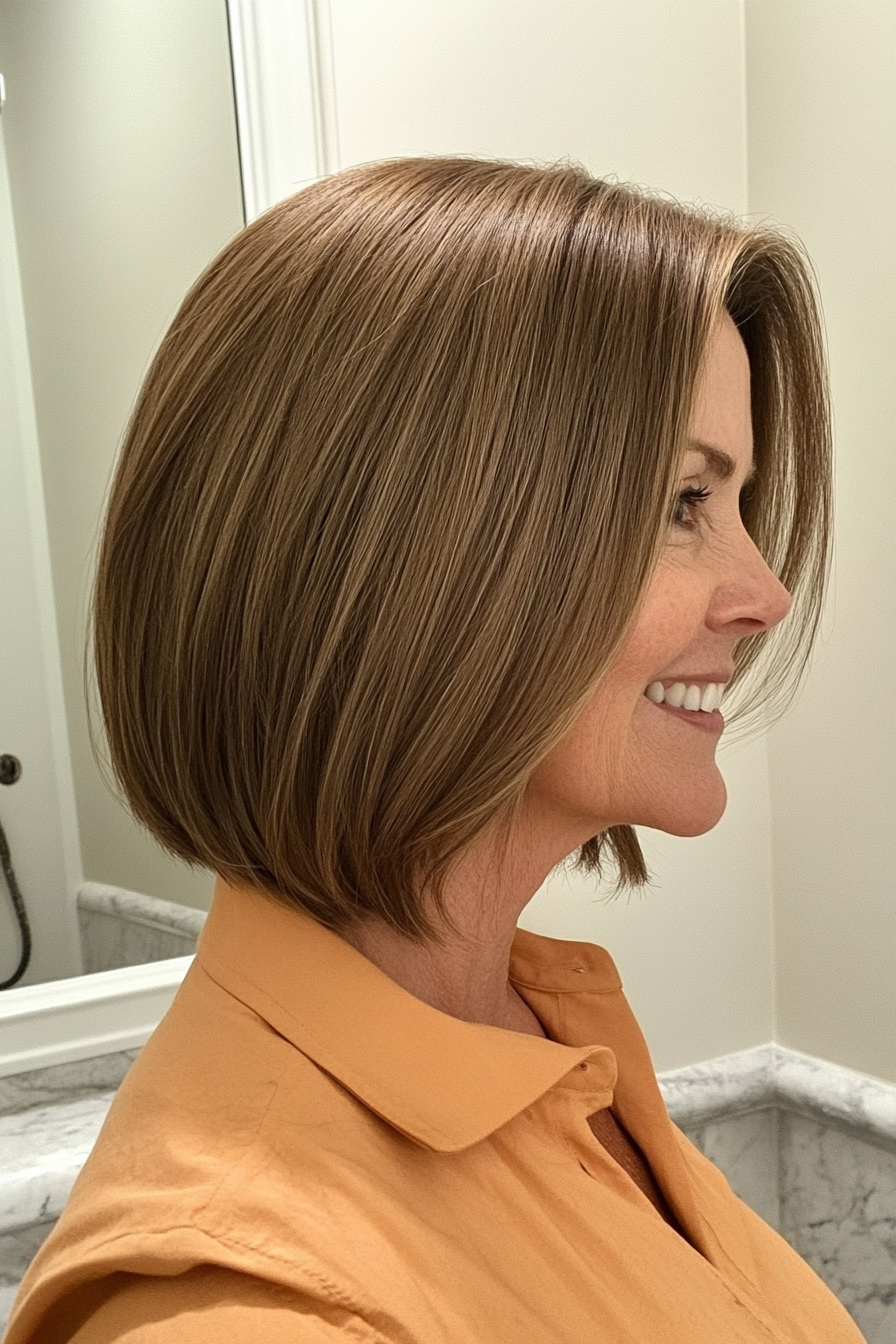 26. Angled Bob with Layers in Soft Caramel Brown (Hairstyles For Women Over 50 With Thick Hair) - Hairstyles For Women Over 50 With Thick Hair