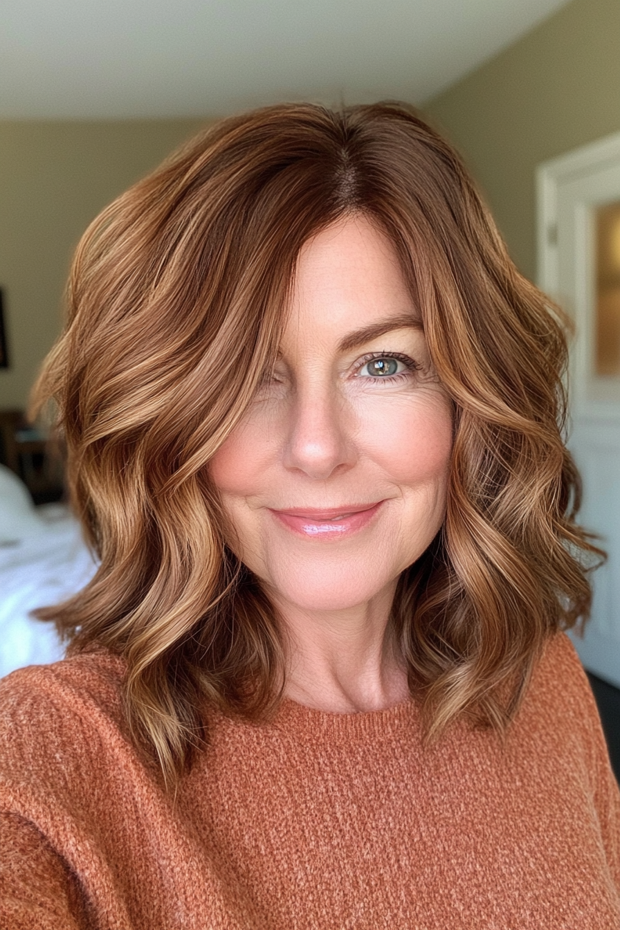 27. Wavy Mid-Length Cut in Copper Brown (Hairstyles For Women Over 50 With Thick Hair) - Hairstyles For Women Over 50 With Thick Hair