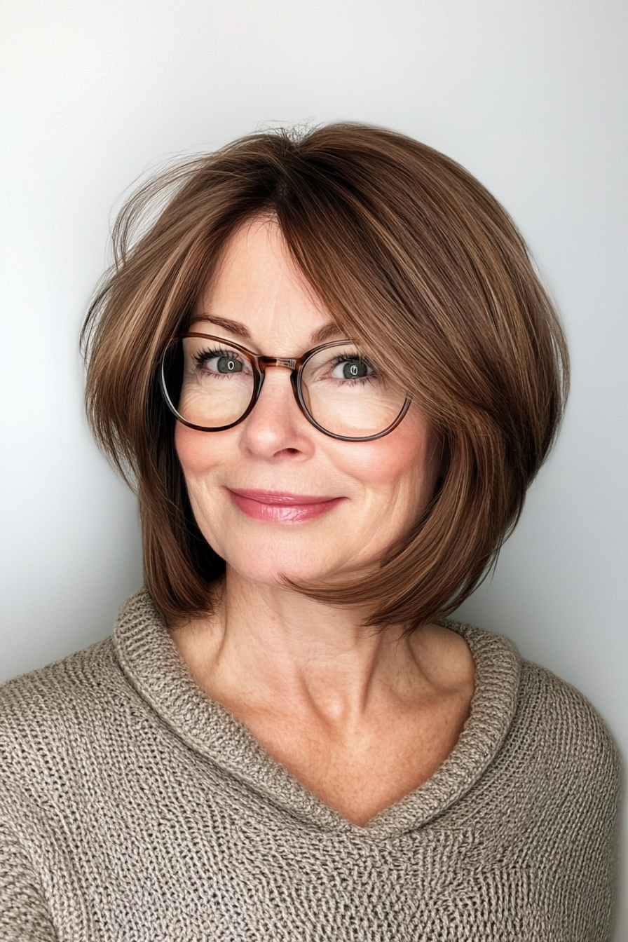 1. Chin-Length Bob with Side-Swept Bangs in Soft Chestnut (Hairstyles For Women Over 60 With Glasses) - Hairstyles For Women Over 60 With Glasses
