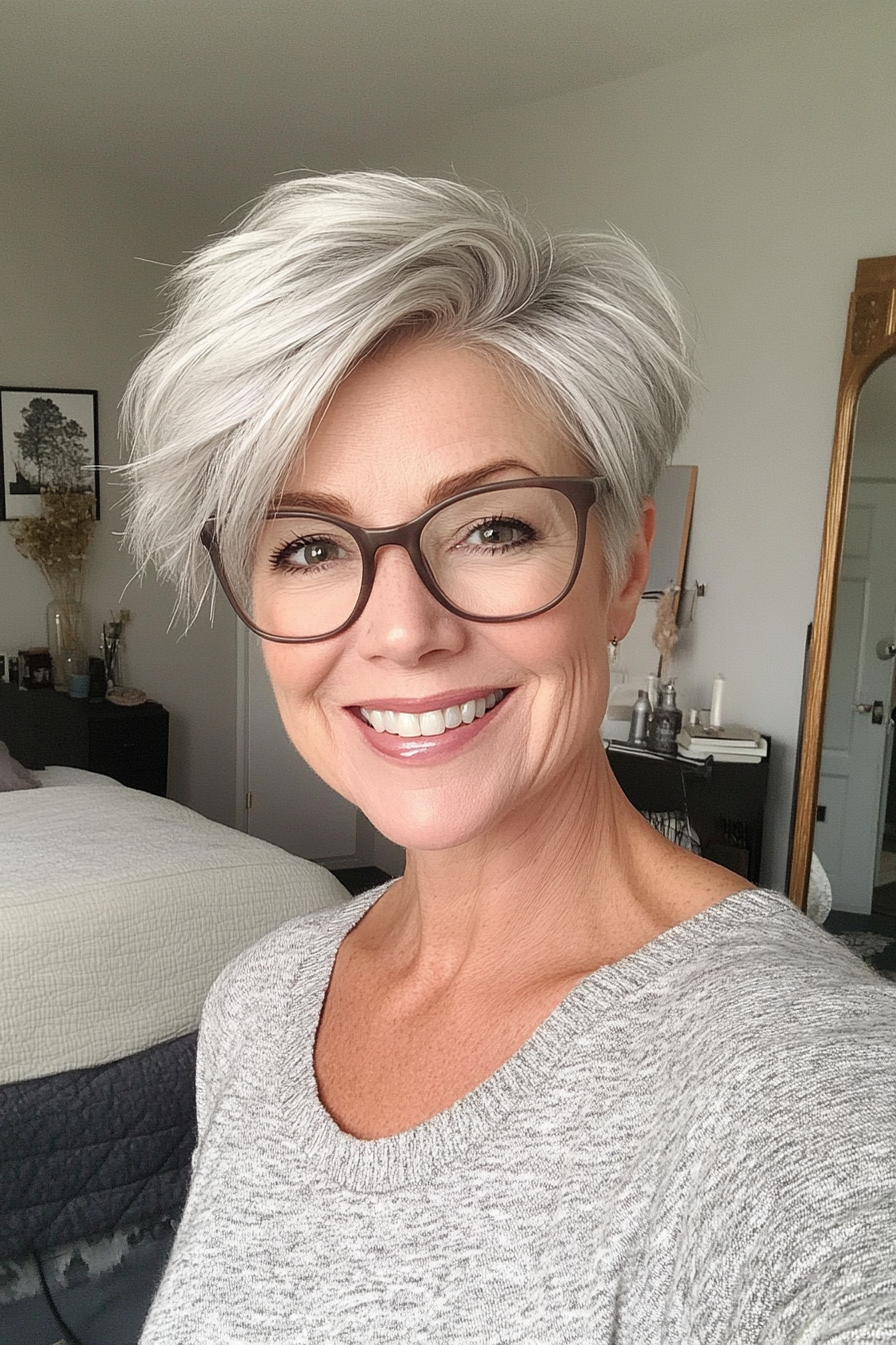 2. Layered Pixie Cut in Silver Gray (Hairstyles For Women Over 60 With Glasses) - Hairstyles For Women Over 60 With Glasses