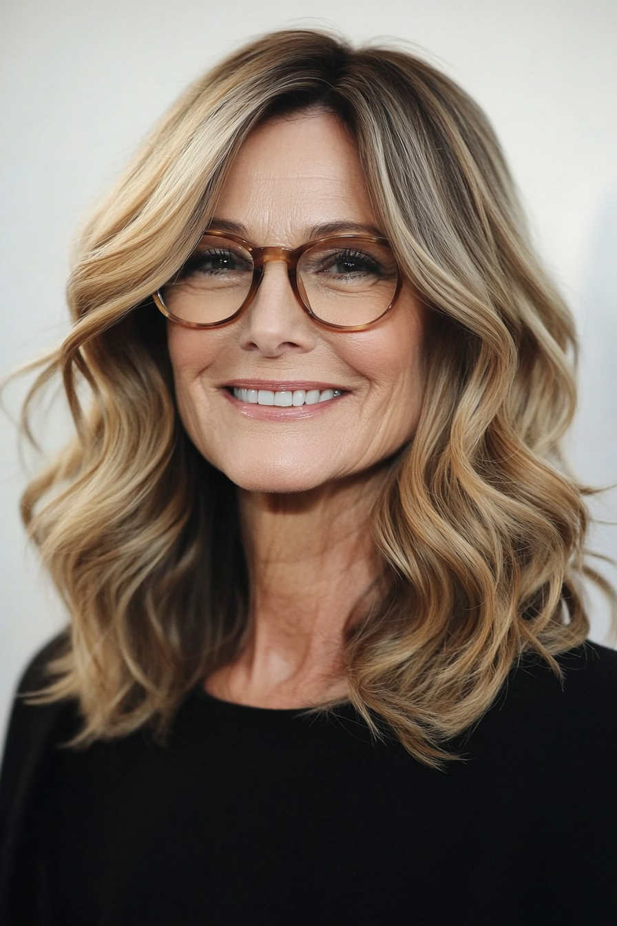 3. Shoulder-Length Wavy Lob in Warm Honey Blonde (Hairstyles For Women Over 60 With Glasses) - Hairstyles For Women Over 60 With Glasses