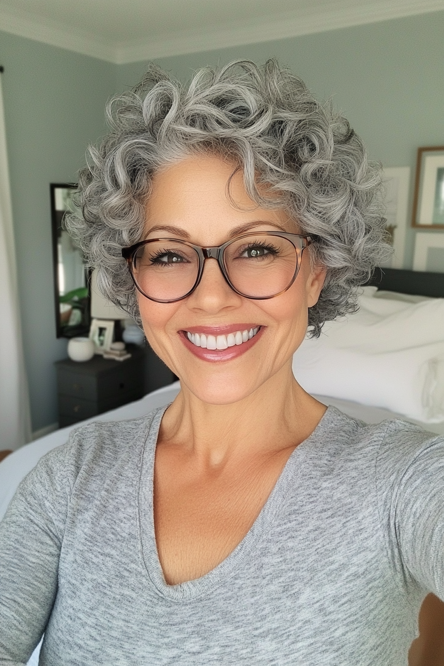 5. Curly Crop Cut in Natural Salt-and-Pepper (Hairstyles For Women Over 60 With Glasses) - Hairstyles For Women Over 60 With Glasses