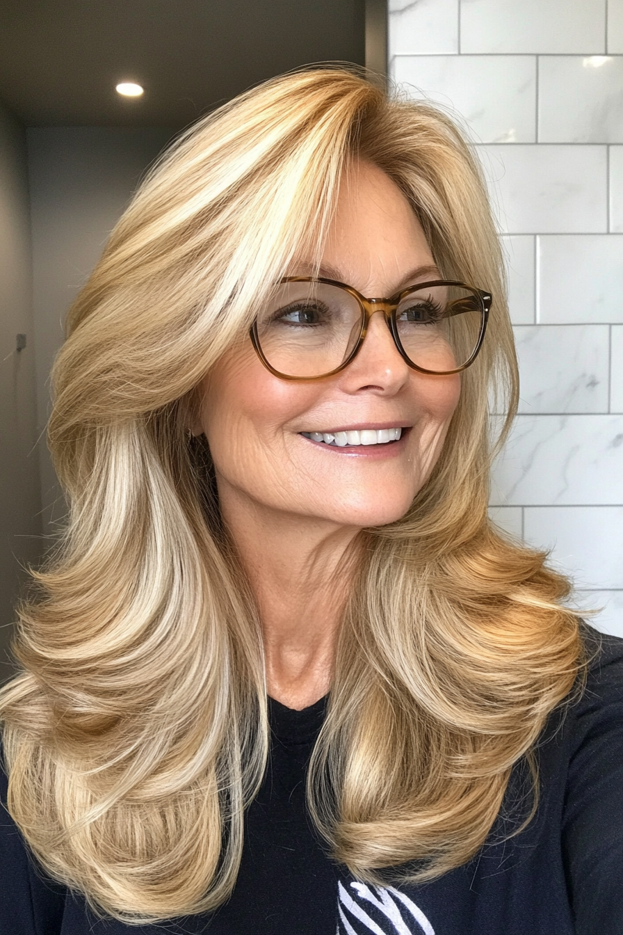 7. Long Layers with Face-Framing in Golden Blonde (Hairstyles For Women Over 60 With Glasses) - Hairstyles For Women Over 60 With Glasses