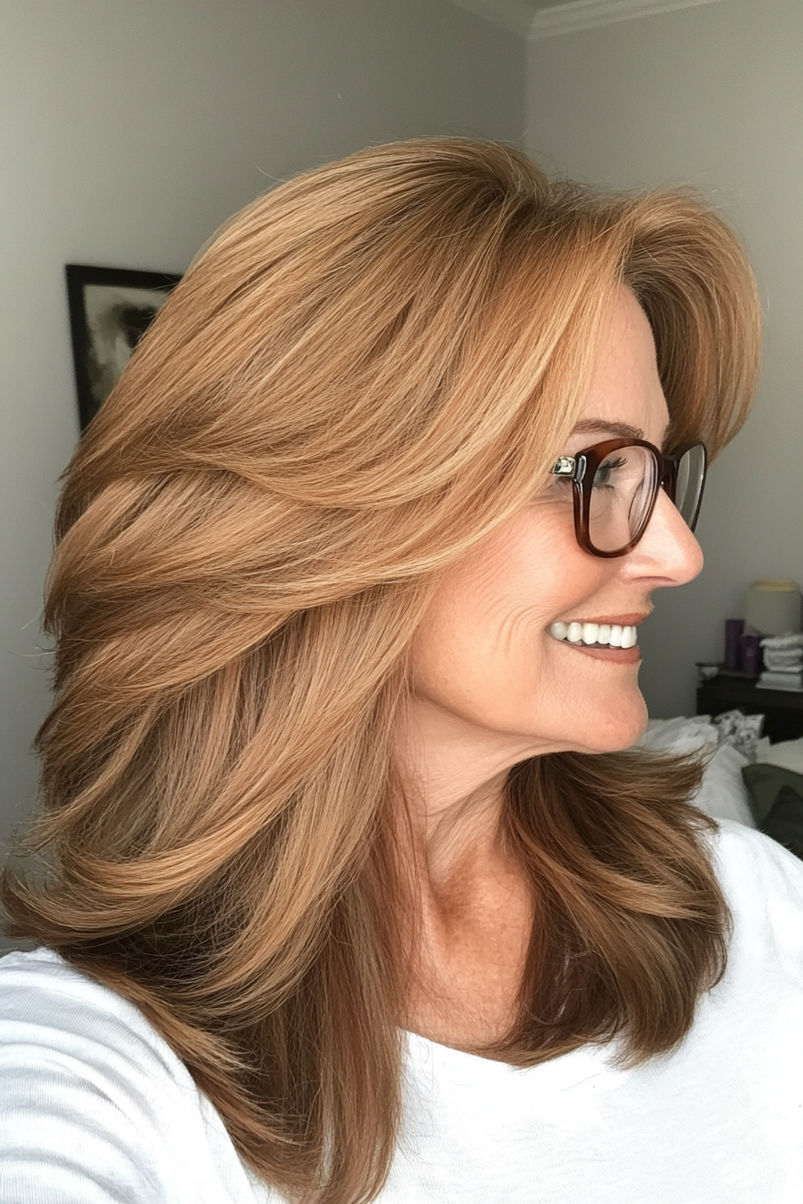 9. Medium-Length Feathered Cut in Caramel Brown (Hairstyles For Women Over 60 With Glasses) - Hairstyles For Women Over 60 With Glasses