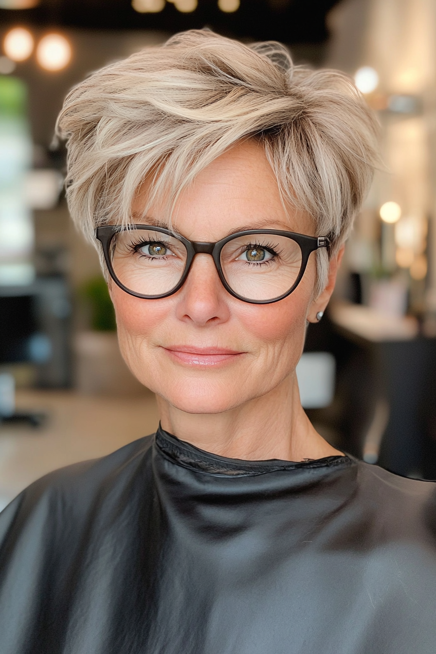 11. Tousled Pixie with Highlights in Sandy Blonde (Hairstyles For Women Over 60 With Glasses) - Hairstyles For Women Over 60 With Glasses