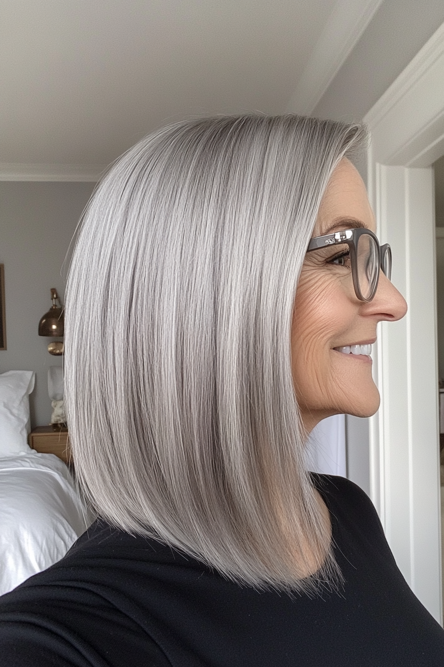 12. Sleek Shoulder-Length Cut in Platinum Gray (Hairstyles For Women Over 60 With Glasses) - Hairstyles For Women Over 60 With Glasses