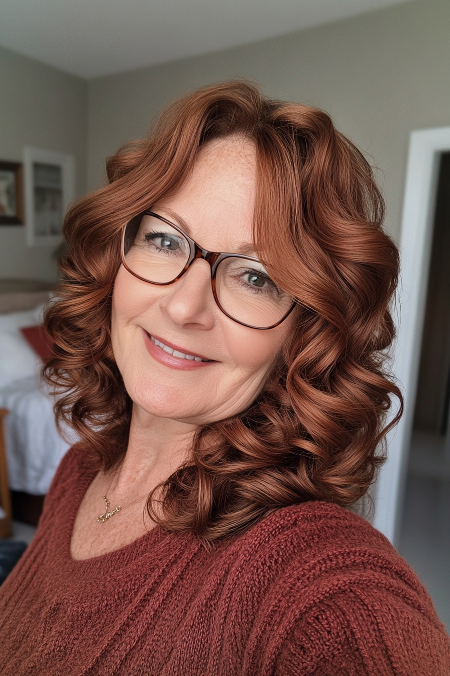 13. Soft Curls with Side Part in Rich Mahogany (Hairstyles For Women Over 60 With Glasses) - Hairstyles For Women Over 60 With Glasses