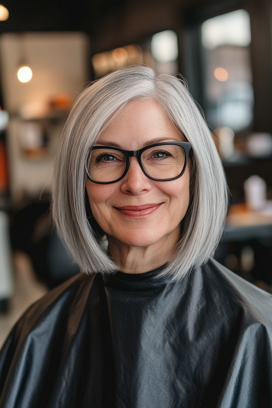 14. Blunt Cut Bob in Natural Gray (Hairstyles For Women Over 60 With Glasses) - Hairstyles For Women Over 60 With Glasses