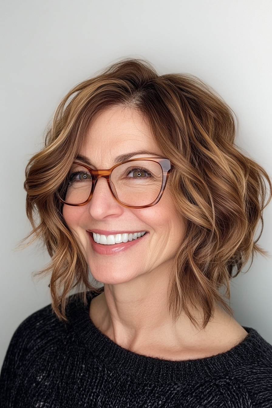17. Wavy Bob with Highlights in Cinnamon Brown (Hairstyles For Women Over 60 With Glasses) - Hairstyles For Women Over 60 With Glasses