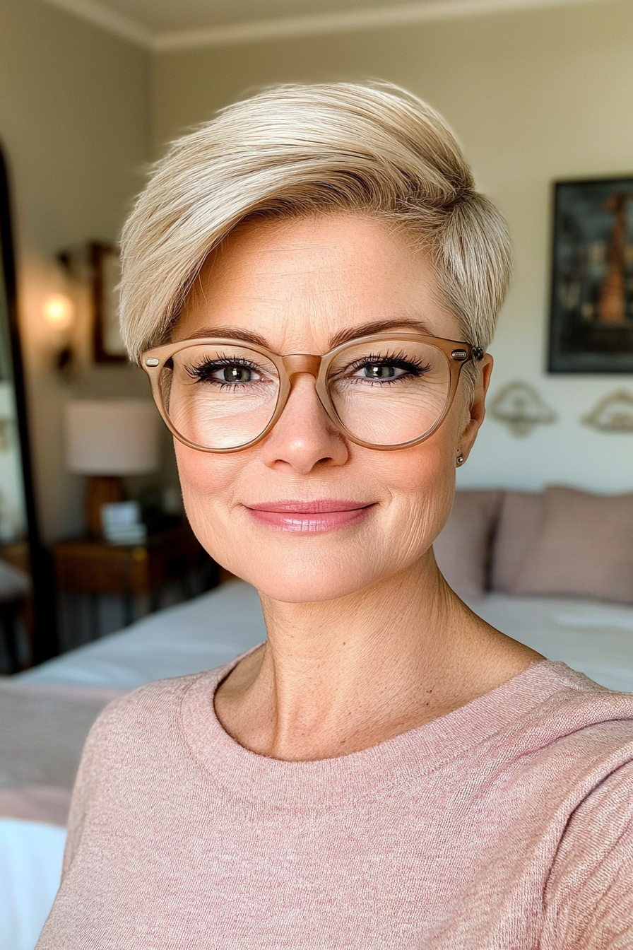 18. Classic Pixie Cut in Soft Blonde (Hairstyles For Women Over 60 With Glasses) - Hairstyles For Women Over 60 With Glasses