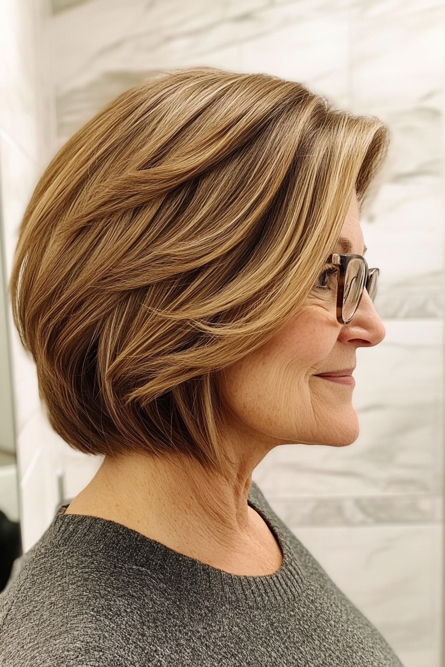 19. Medium Bob with Layers in Honey Brown (Hairstyles For Women Over 60 With Glasses) - Hairstyles For Women Over 60 With Glasses