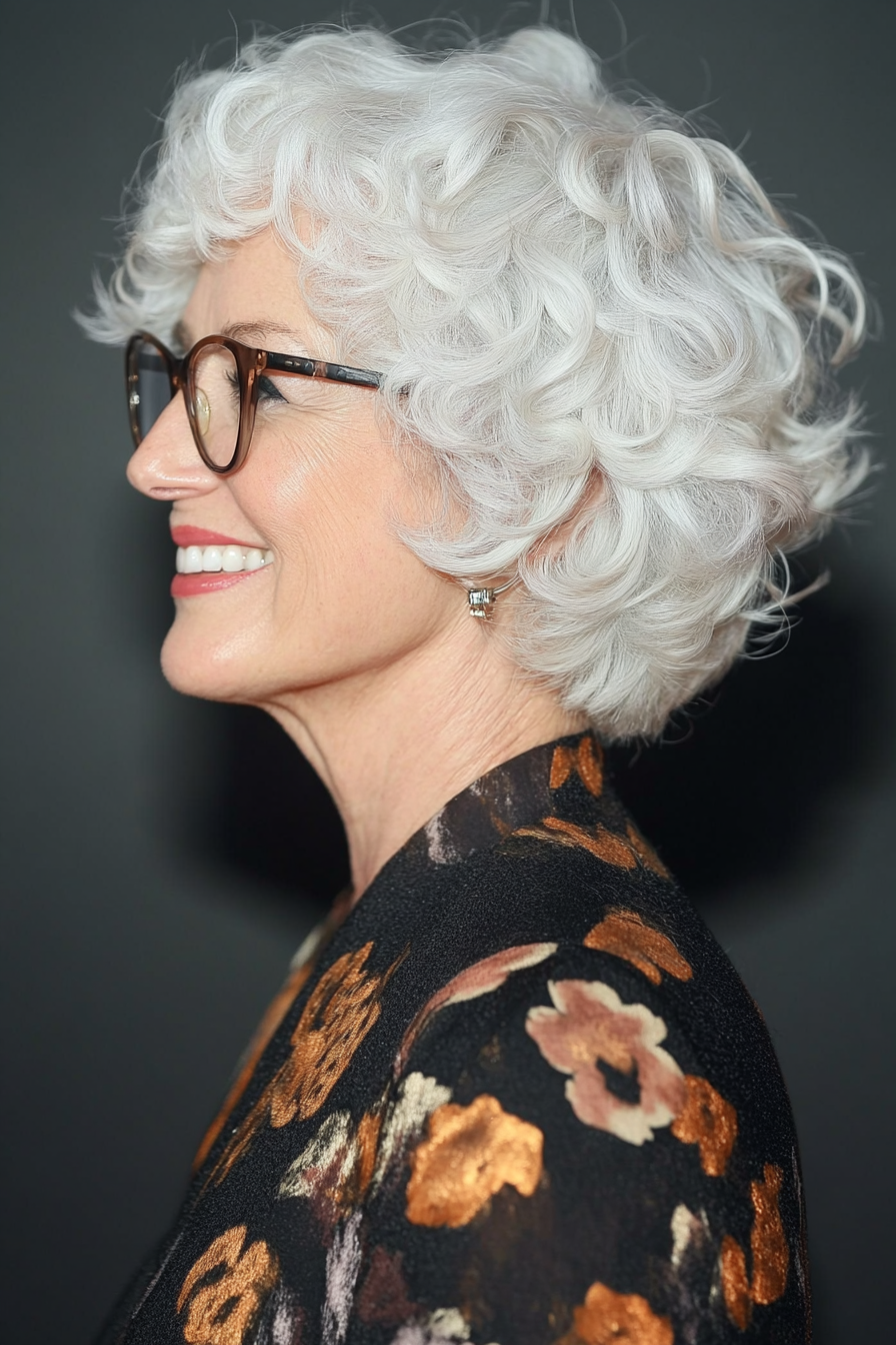 20. Short Curly Bob in Natural White (Hairstyles For Women Over 60 With Glasses) - Hairstyles For Women Over 60 With Glasses