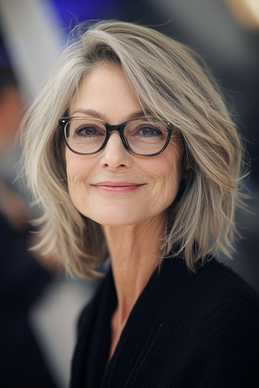 22. Textured Bob with Side Part in Ash Blonde (Hairstyles For Women Over 60 With Glasses) - Hairstyles For Women Over 60 With Glasses