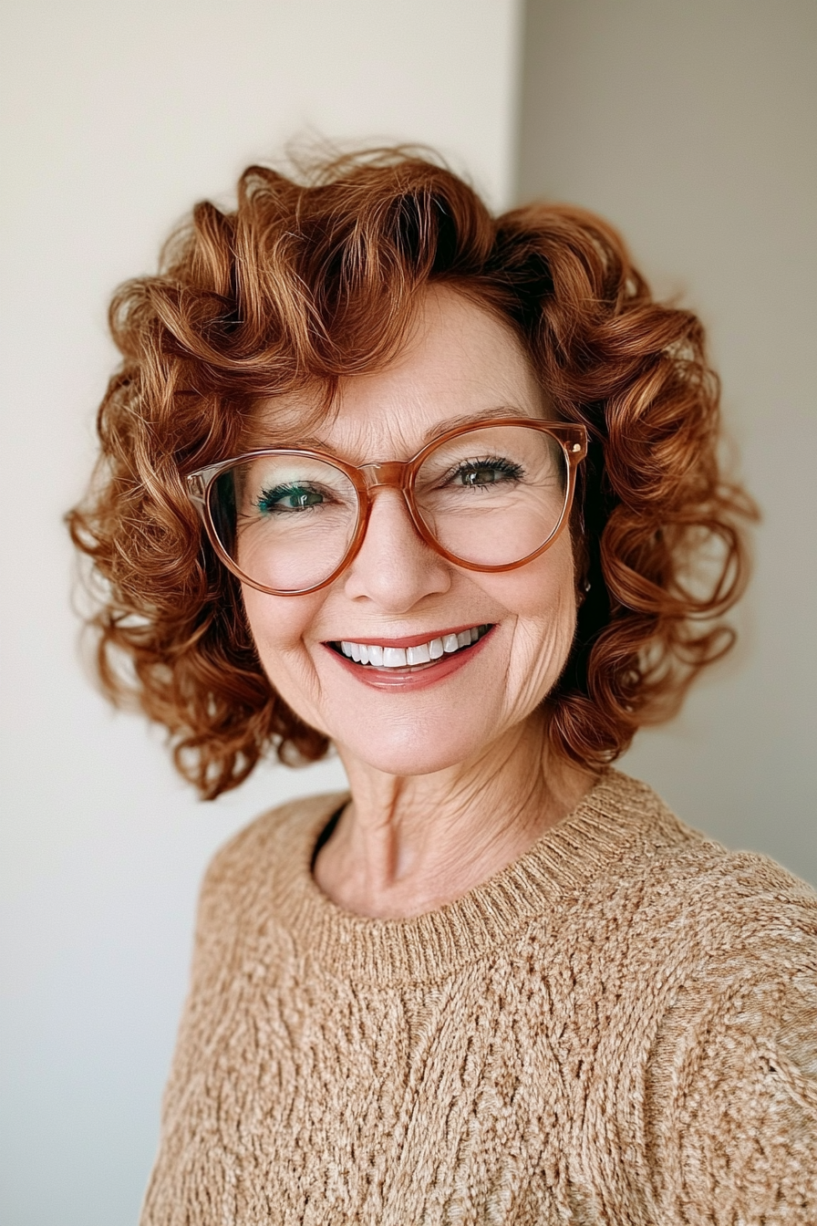 23. Voluminous Curls in Warm Chestnut (Hairstyles For Women Over 60 With Glasses) - Hairstyles For Women Over 60 With Glasses