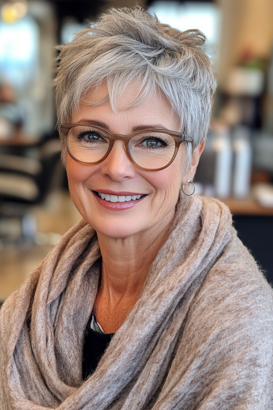 24. Short Layered Cut in Pearl Gray (Hairstyles For Women Over 60 With Glasses) - Hairstyles For Women Over 60 With Glasses