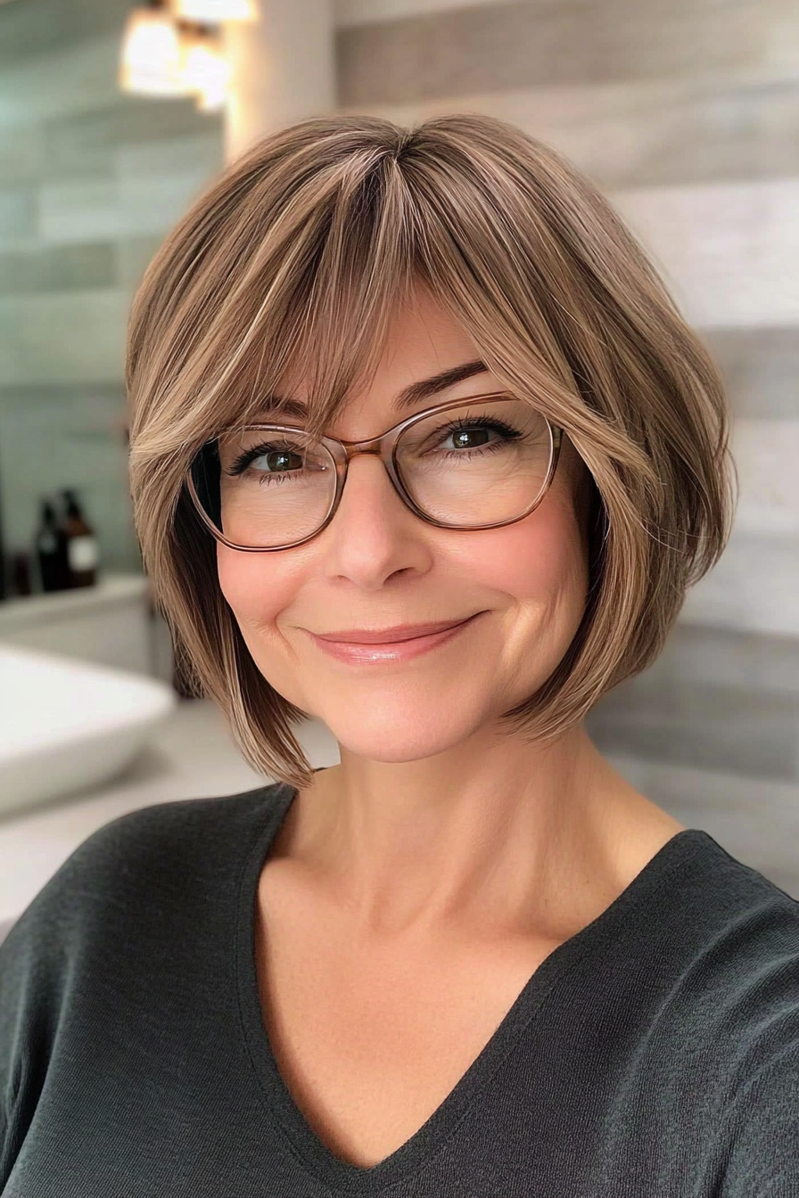 25. Choppy Bob with Fringe in Light Brown (Hairstyles For Women Over 60 With Glasses) - Hairstyles For Women Over 60 With Glasses