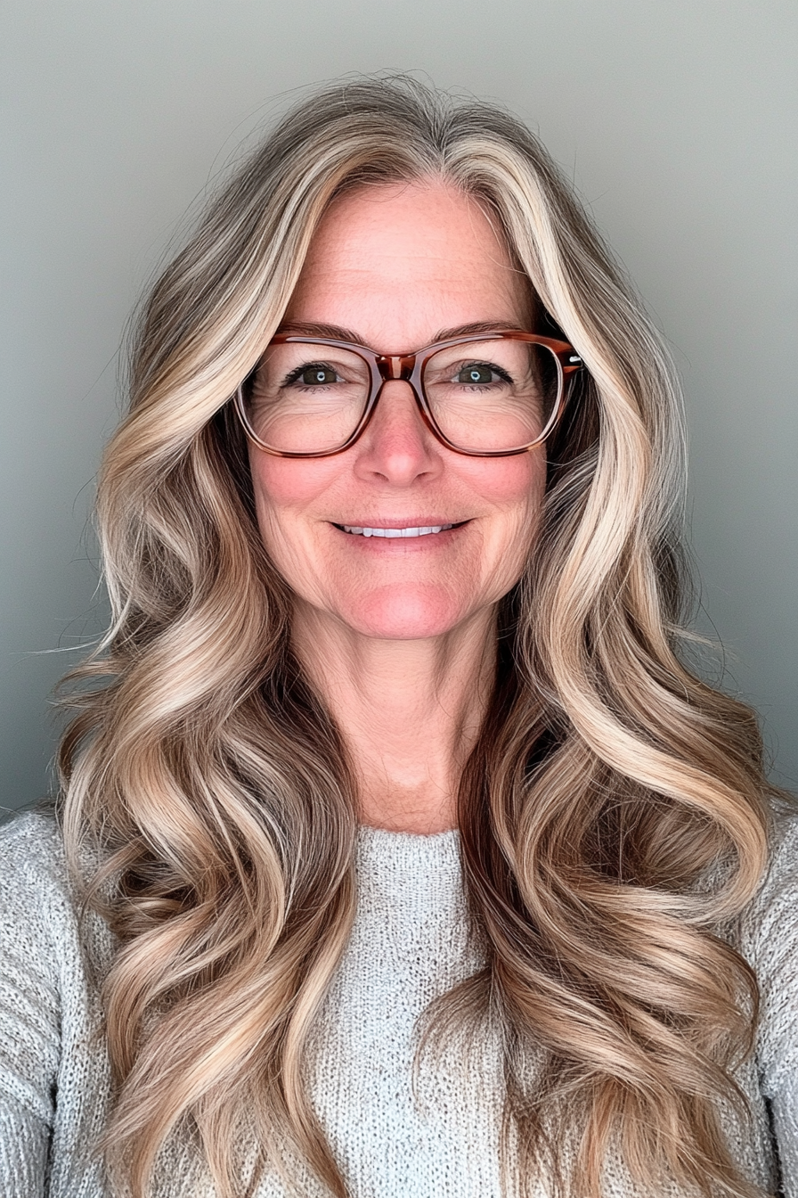 26. Long Wavy Layers in Strawberry Blonde (Hairstyles For Women Over 60 With Glasses) - Hairstyles For Women Over 60 With Glasses