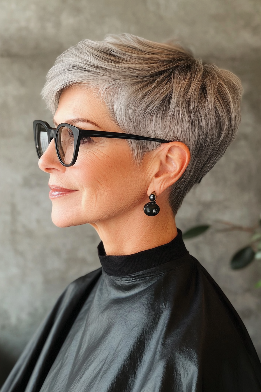 27. Sleek Pixie with Undercut in Charcoal Gray (Hairstyles For Women Over 60 With Glasses) - Hairstyles For Women Over 60 With Glasses