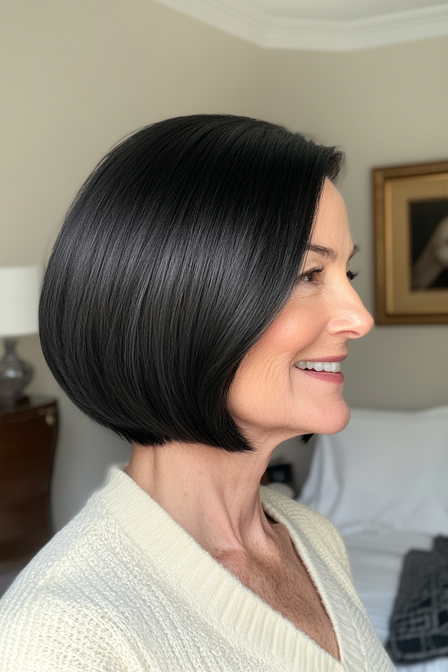 2. Chin-Length Blunt Cut in Classic Black (Senior Haircuts For Older Women) - Senior Haircuts For Older Women