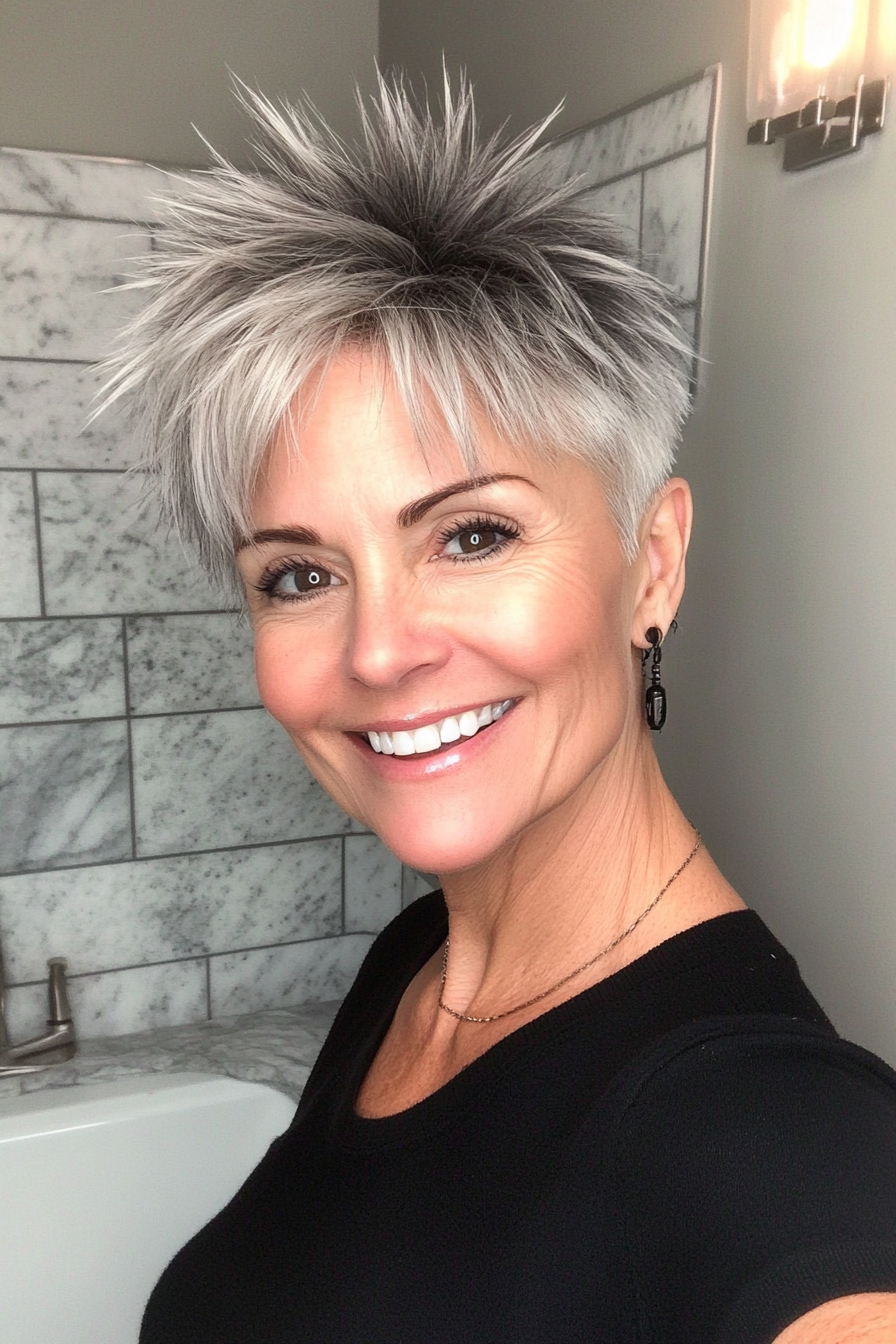 8. Short and Spiky Pixie in Salt-and-Pepper (Senior Haircuts For Older Women) - Senior Haircuts For Older Women