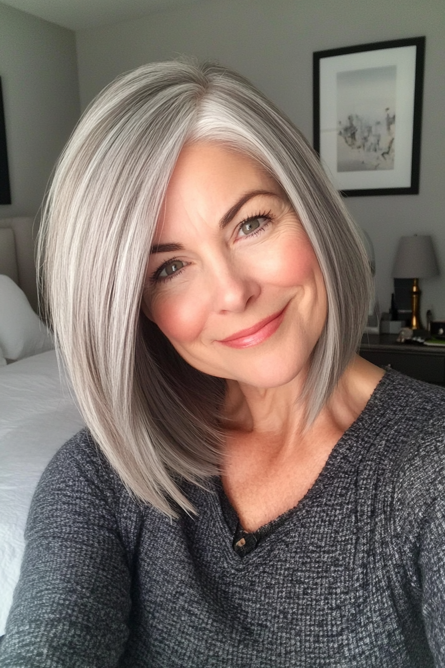 10. Asymmetrical Bob in Cool Gray (Senior Haircuts For Older Women) - Senior Haircuts For Older Women