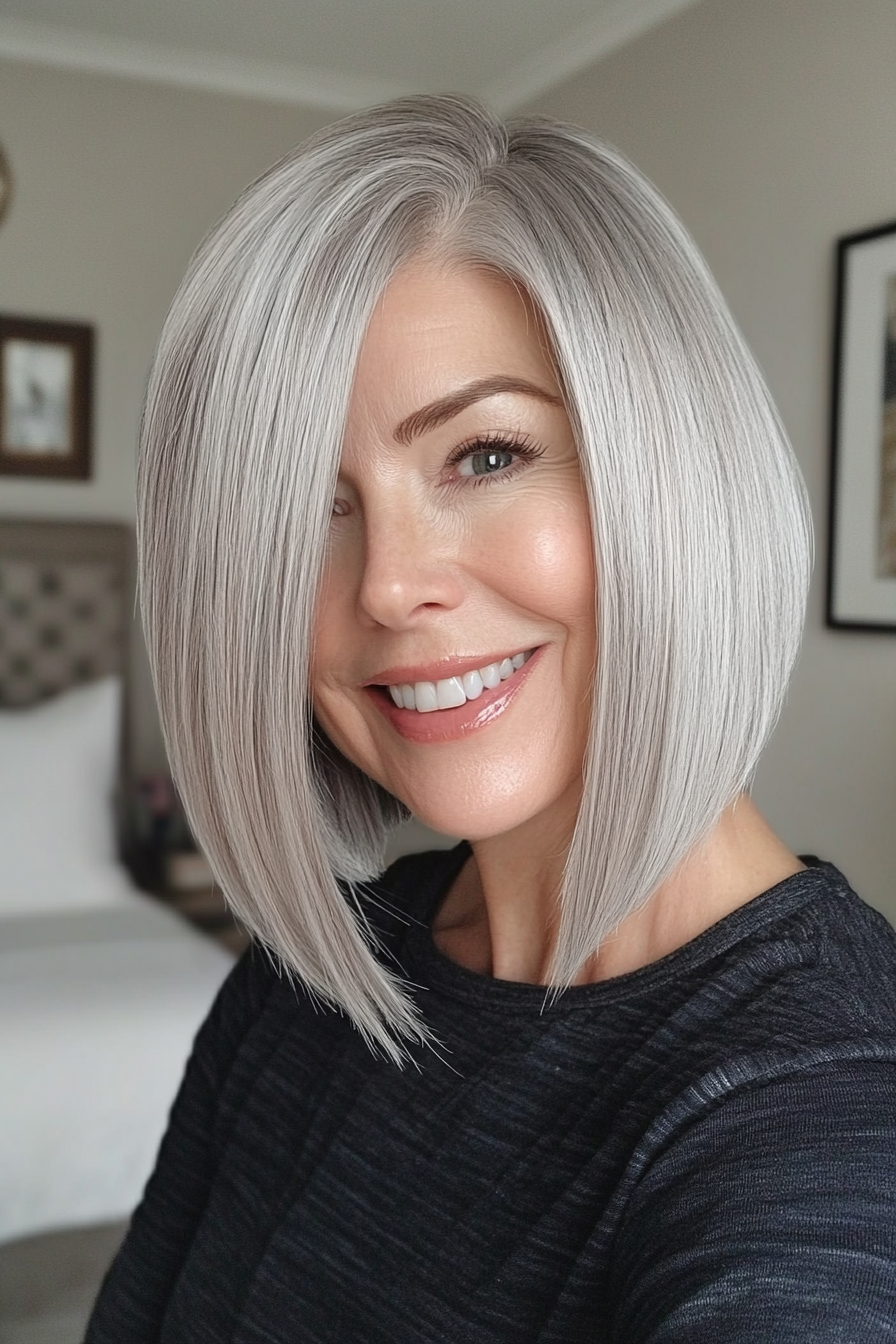 13. Angled Bob in Silver Blonde (Senior Haircuts For Older Women) - Senior Haircuts For Older Women