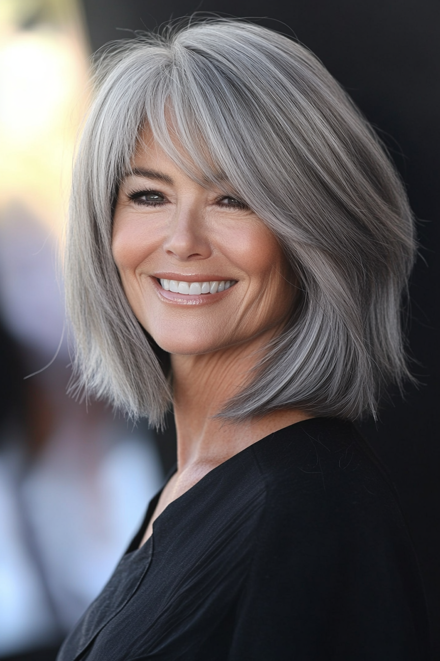 15. Side-Swept Bob in Light Gray (Senior Haircuts For Older Women) - Senior Haircuts For Older Women