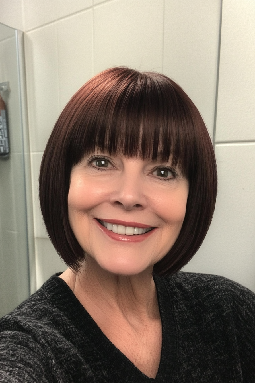 20. Blunt Cut with Bangs in Dark Auburn (Senior Haircuts For Older Women) - Senior Haircuts For Older Women