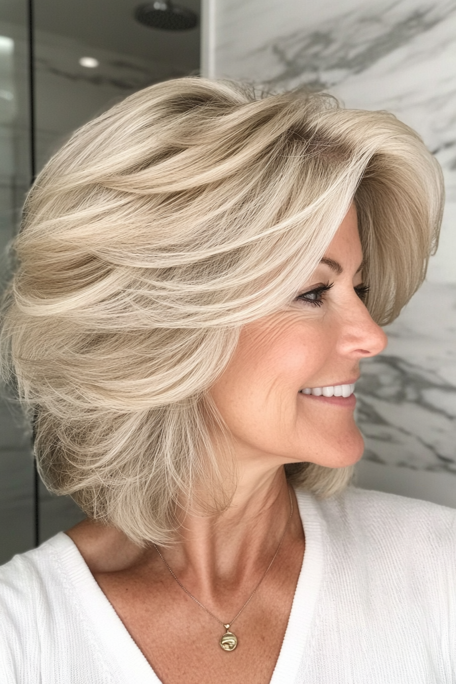 1. Feathered Bob in Soft Ash Blonde (Layered Haircuts For Women Over 50) - Layered Haircuts For Women Over 50